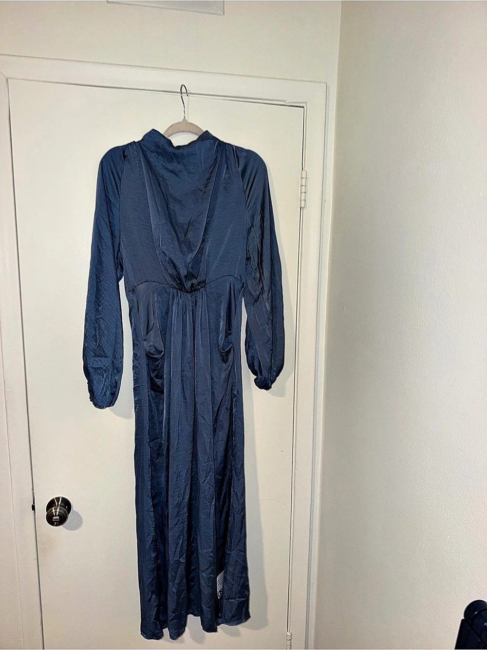 ASOS DESIGN Satin High Drape Neck Maxi Dress with Long Sleeves Blue Maxi Dress